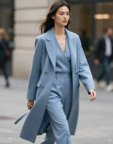 A fashion model walking during a high-end photography session, movement blur, professional lighting, urban chic style, incorporating #74A8AE into the clothing.