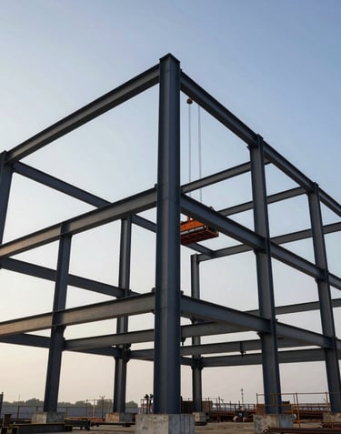 A large-scale structural steel framework under assembly on a North American / US construction site. Massive dark steel beams contrast against a clear morning sky, representing the scale and reliability of industrial manufacturing.