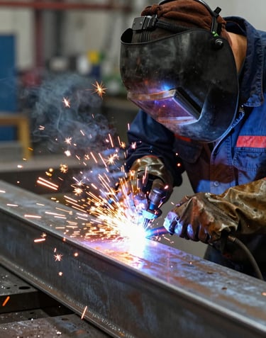 A focused close-up of a professional welder in protective gear working on a heavy steel plate in a North American / US factory. Bright orange sparks contrast with the dark steel and slate blue environment, capturing the craftsmanship and strength of American industry.