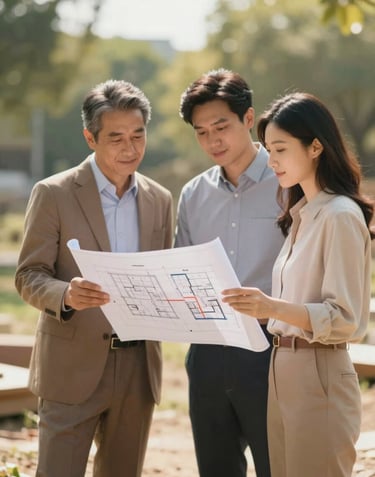 A warm, candid shot of an architect and a couple reviewing plans together on a site. The environment is sun-drenched and natural, emphasizing a professional yet personal storytelling approach with a palette of #B85C3D and #F9F6EE.