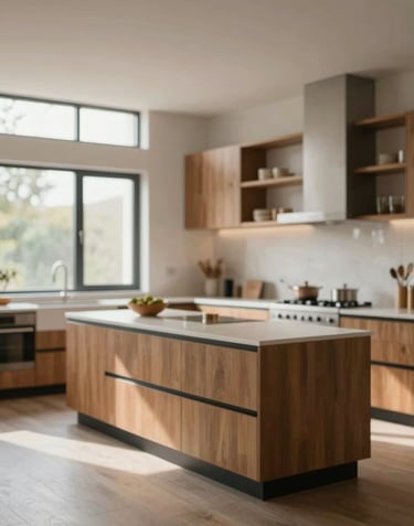 A wide shot of a modern, open-plan kitchen with warm wood accents and light streaming through large windows, evoking a sense of calm and home.