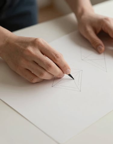 A minimalist close-up of a designer's hands precisely arranging geometric brand sketches on a light gray-beige surface (#F8F8F4). Soft, natural lighting enhances the sense of craftsmanship and professional detail.