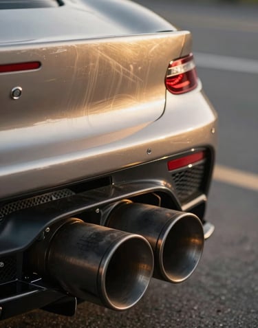 A detail shot of a roaring exhaust on a supercar, with heat waves shimmering and a subtle reflection of burnished champagne gold light on the metal.