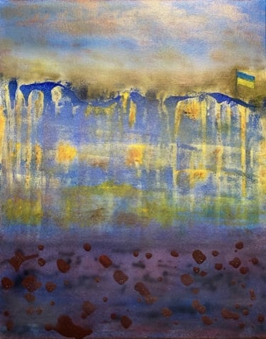 Glory to Ukraine  50.8 x 40.64 cm Airbrushed, Poured Paint, Oil on Canvas In Private Collection
