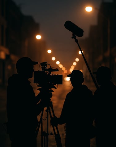 A silhouette of a cinematic crew filming a scene in an urban North American / International setting, glowing streetlights in the background, professional high-contrast photography.