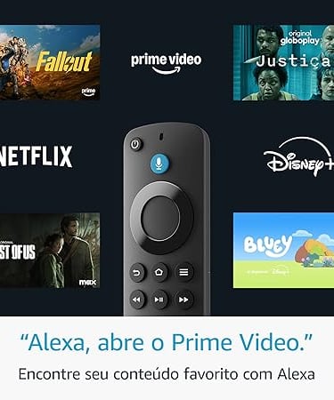 Amazon Alexa voice remote surrounded by streaming service icons like Netflix, Disney Plus, and Prime Video.
