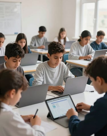 Photography of an educational setting in Morocco, showing a diverse group of young students engaged in a learning session with modern digital tools, bright and inspiring atmosphere.
