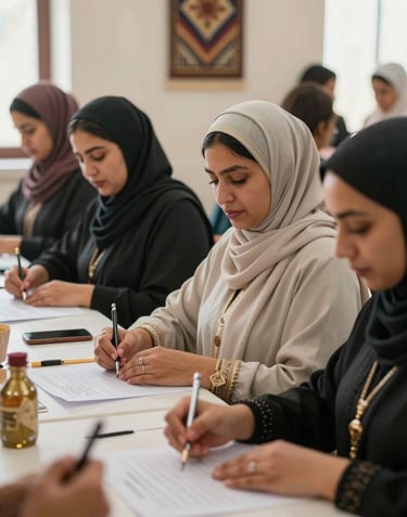 Photography of a group of Moroccan women participating in a skills-training workshop, focused and empowered expressions, soft natural light, traditional motifs visible in the background.