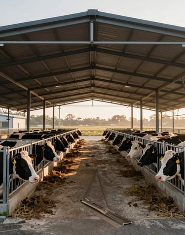 A wide, cinematic shot of a modern livestock facility at dawn. The structure is symmetrical and clean, with soft beige morning light illuminating the orderly pens. The style is industrial but elegant.