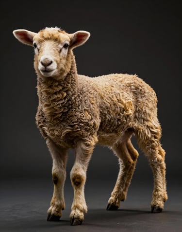 A portrait of a healthy Dorper lamb standing in a clean, high-contrast environment. The lighting is dramatic, coming from the side to emphasize the animal's strong posture. Deep umber and warm gold tones.
