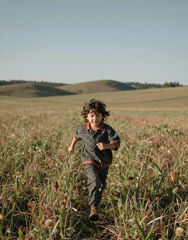 A wide-angle cinematic shot of a young child running through a sun-drenched field in a North American rural setting. The image uses charcoal and terracotta accents in the clothing and landscape.