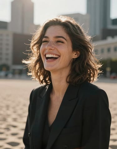 Vertical portrait of a woman laughing in a North American urban setting, warm sun flares hitting the camera lens. Soft sand and charcoal colors in the background architecture.