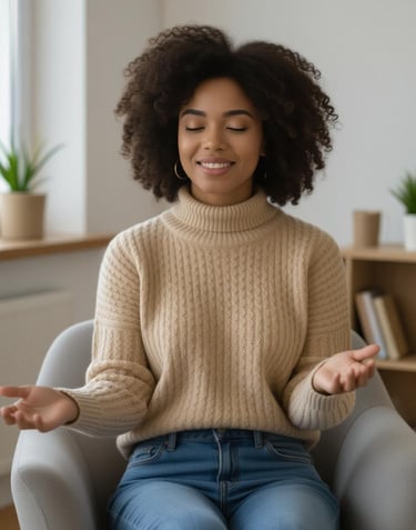 a woman sitting in a chair with her hands open and her hands open