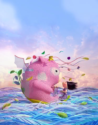 a cloth monster and a girl sailing in a sea of ​​threads