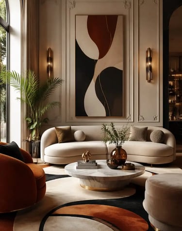 2026 Neo Deco Interior Design: Modern Luxury Living Room with Organic Curves & High-End Textures