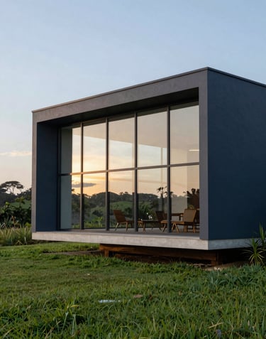 Photography of a modern architectural clubhouse with glass walls and dark blue accents, overlooking a green landscape in Brazil, early morning light.