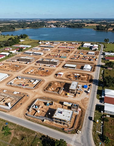 Professional drone photography of a residential construction site in Formosa, GO, showing organized plots, paved roads, and the beautiful blue lake in the background under a bright sun.