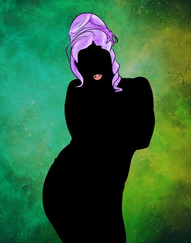 Silhouette of a beautiful woman with pink lips and a purple updo on a green galaxy background