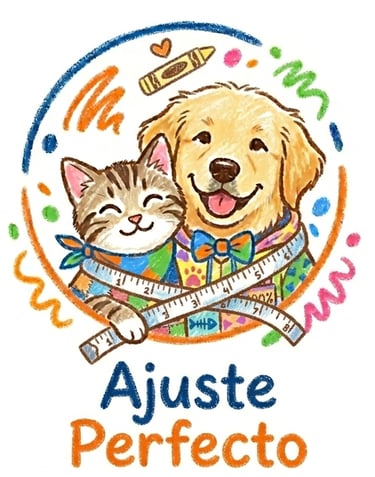 Dibujo a crayón de un feliz golden retriever y un gato envueltos en una cinta métrica con ajuste perfecto