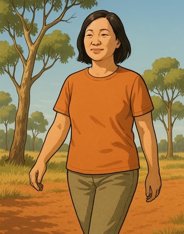 人们在桉树和红土之间散步。