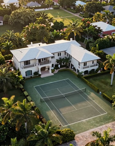 An aerial view of a private luxury estate with a tennis court and manicured gardens in a tropical Latin American setting, golden hour sunlight.