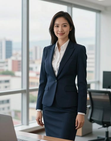 A professional portrait of a real estate advisor in elegant business attire standing in a bright, modern office with a view of a Latin American cityscape.