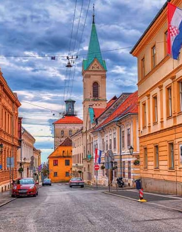 Zagreb upper town street view. Flag of Croatia is binded to a building.