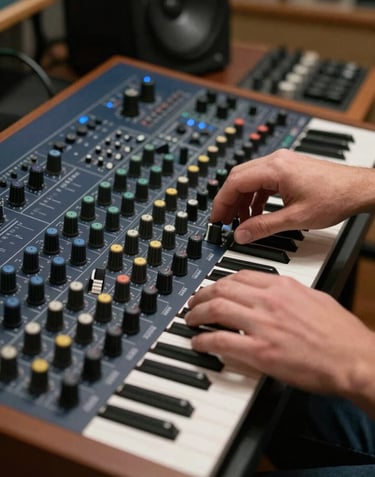 A focused sound engineer's hands adjusting knobs on an analog synthesizer. The composition is artistic and clean, emphasizing technical mastery. The palette is dominated by dark navy and blue-grey. Southern European / Spanish recording studio.