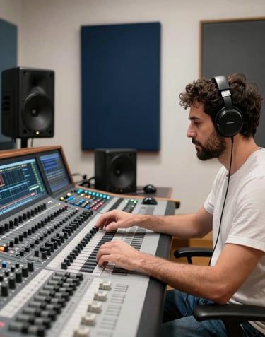 A professional sound engineer in a Southern European / Spanish studio environment, working at a large digital workstation. The shot is clean and modern, using a palette of dark navy blue and soft off-white, conveying trust, reliability, and cutting-edge expertise.