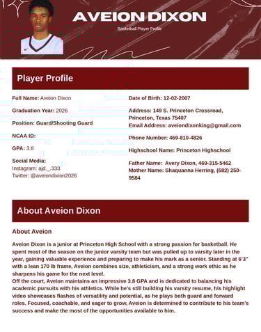 Aveion Dixon Player Profile, Princeton High School, 1page 