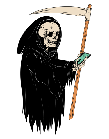 Grim reaper illustration wearing a black cloak while using a smartphone and holding a scythe.