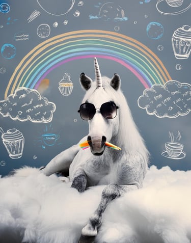 unicornio con gafas de sol y un lapiz en la boca, sentado en una nube con actitud filosófica