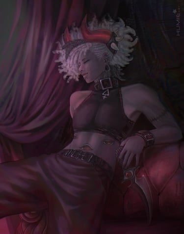 Horned demon relaxing on a sofa in a fancy, luxurious and dark room.