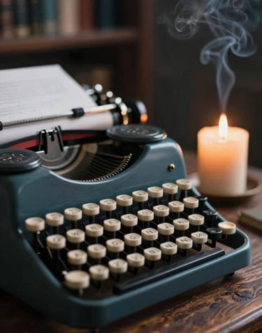 Close up of an antique typewriter on a dark wooden desk, with a single candle burning next to it. Wisps of smoke, moody library background in #1C2826.