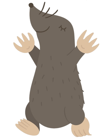 a little brown cartoon mole walking with his hands out and eyes shut