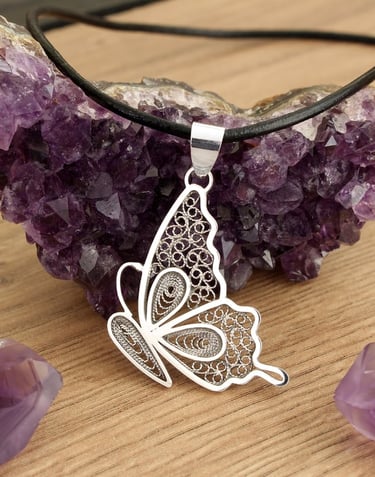 Handmade sterling silver filigree butterfly necklace