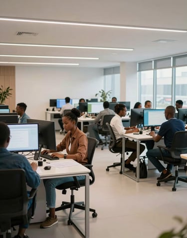 A wide shot of a modern Afrique Centrale / Congolais tech hub interior, featuring sleek furniture, people working on computers in a bright, professional environment.