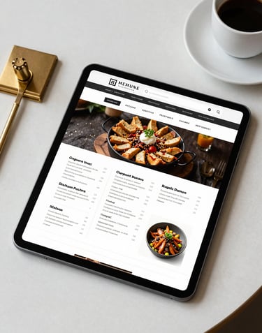 A top-down shot of a clean desk with a tablet displaying a high-end restaurant menu website, gold stationery, and a coffee cup, soft morning light.