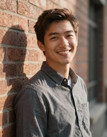 A warm, sun-drenched portrait of a friendly software developer smiling genuinely at the camera, leaning against a brick wall. Cinematic lighting, highlighting human connection and approachable tech expertise. Palette includes #D1A689 and #3A3B3C.