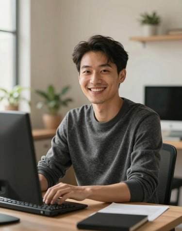 Cinematic portrait of a smiling software developer in a sun-drenched home office. The atmosphere is professional yet warm and friendly, with Charcoal (#3A3B3C) and Soft Sand (#F7F4E9) in the background.