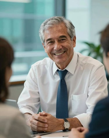 A candid, professional portrait of a senior financial advisor in a North American corporate office, smiling confidently during a consultation. The lighting is bright and natural, reflecting a vibrant teal and white color palette.