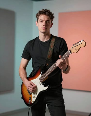 A professional portrait of a solo musician holding an electric guitar in a modern International / English-speaking studio. The lighting is bright and energetic with soft teal shadows and a vibrant coral backlight.