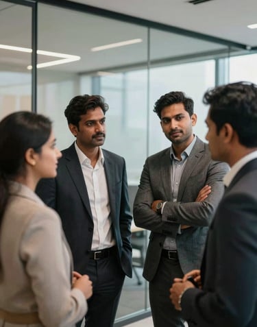 Photography of a professional Indian team, a man and a woman in business attire, having a collaborative discussion in a modern office with glass walls, reflecting confidence.