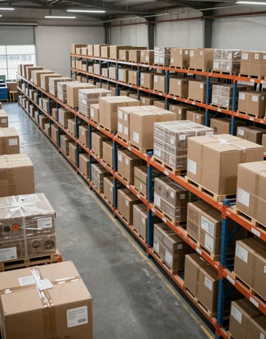 A wide shot of a modern, efficient, and clean logistics and distribution hub in India, featuring organized shelves and packages being prepared for shipping, emphasizing scale.