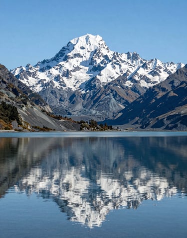 A serene view of Mount Cook reflected in the calm waters of Lake Pukaki, with a clean and bright composition. Oceania / New Zealand.