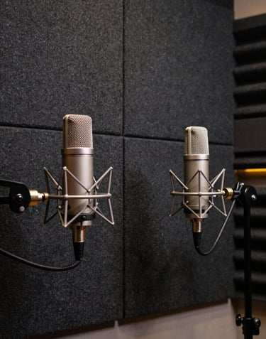 A modern, minimalist podcast studio in a South Asian / Indian creative hub. Two high-end microphones are set against a dark charcoal acoustic panel wall. Subtle metallic gold accent lights.