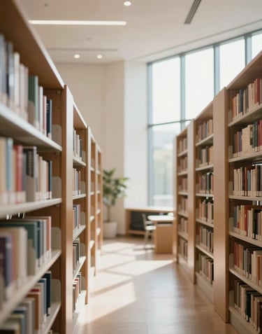 A bright, modern library interior with tall shelves and a large window, soft sunlight streaming in, sophisticated and resourceful atmosphere.