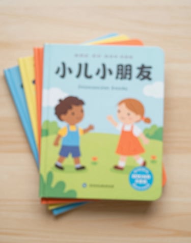 An overhead, flat-lay photograph of several colorful children's picture books stacked neatly on a light wood background. The palette is bright and inviting, featuring primary colors softened by #7A9E9F and #D4B281 accents.