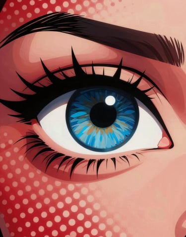 Stylized eye in a comic book frame, heavy black #1A1A1A lashes, blue #0050B3 iris, red #D4202B background with white #FDFDF5 dots, dramatic expression, pop art style.