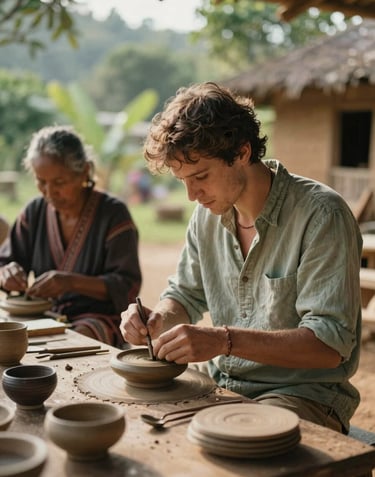 A traveler engaging in a cultural workshop with local artisans in a village. The lighting is warm and natural. The palette uses soft sage and earthy forest tones.